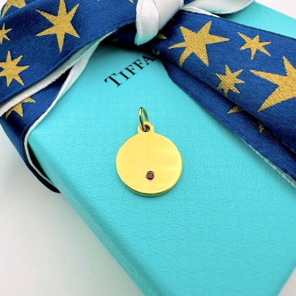 RARE Tiffany & Co. 18K Yellow Gold Round Tag Charm with Pink Sapphire; Packaging - Picture 1 of 7
